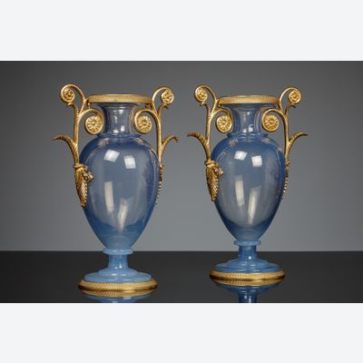Pair of French Restoration mounted opaline glass vases