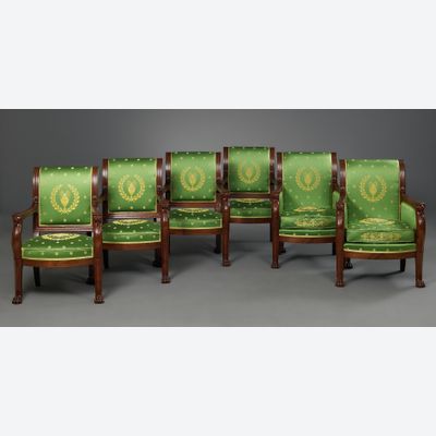 French Empire Suite of four Fauteuils and two Bergères, attributed to F.H.G. Jacob-Desmalter