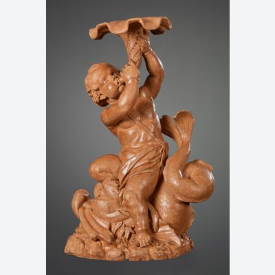 Vlaamse Terracotta sculptuur van Triton op een Dolfijn