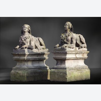 Paar Französische Sandstein Sphinxe