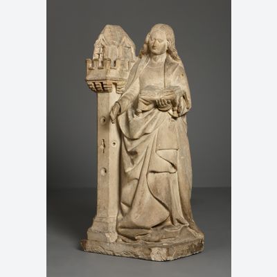 Frans kalkstenen beeld van de Heilige Barbara van Nicomedië