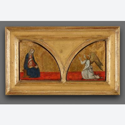 Francesco Botticini (1446-1498), de Annunciatie, bovenzijde van vleugels van een retabel
