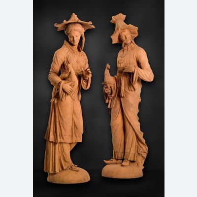 Paar Duitse Chinoiserie Terracotta Malebaren