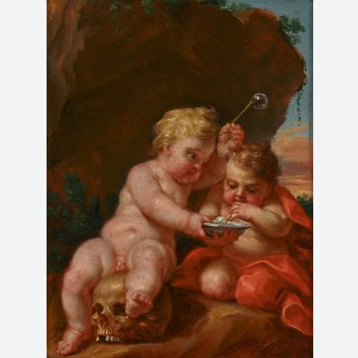 Josef Ferdinand Fromiller (1693-1760), Vanitas met twee bellenblazende putti, toegeschreven aan