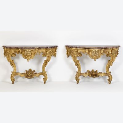 Paar Duitse Verguld houten Louis XV Wandconsoles