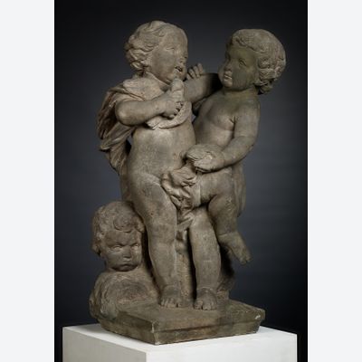 Hollands Zandstenen Louis XIV Tuinbeeld van Twee Putti