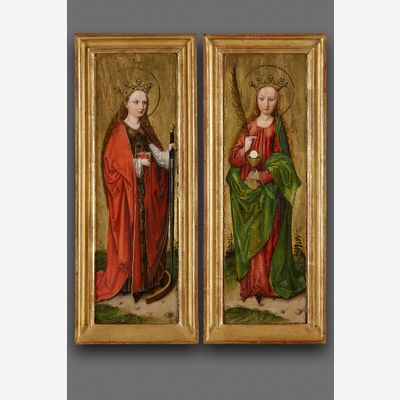 Paar Duitse paneeltjes van de Heilige Catharina en Barbara