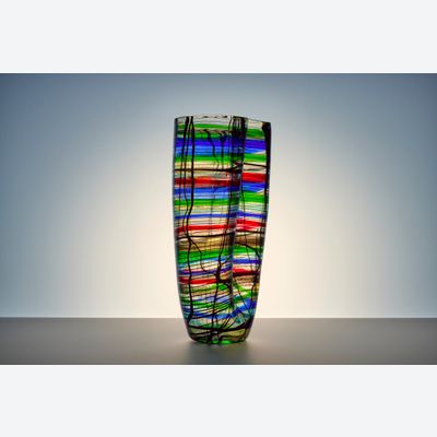 Lino Tagliapietra (Murano 1934), Notte del Redentore, clear glass vase with multi-coloured horizontal and vertical glass threads