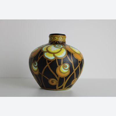 Charles Catteau – Boch Keramis , black vase with colorful painted decor D 959, under matt glaze.