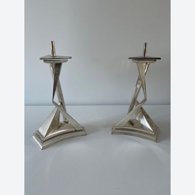 Salvadore Dali, a set CHROMIUM PLATED METAL PRICKET CANDLESTICKS: L'IMMORTALITI DE CASTOR ET POLLUX