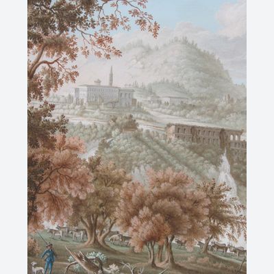 Gouache 'Watervallen bij de Villa Mecenate in Tivoli'