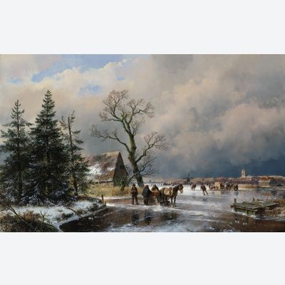 Schaatsvolk en trekslede op een bevroren vaart