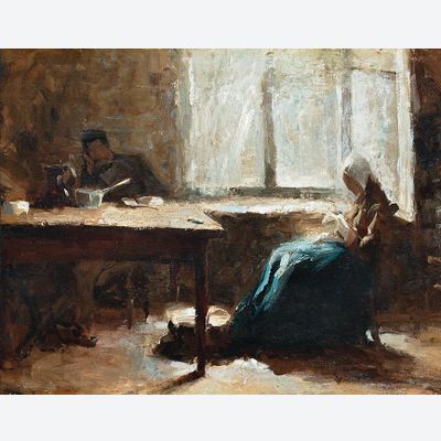 Interieur met man en vrouw aan tafel