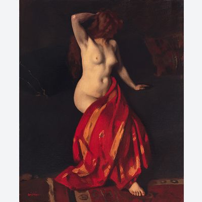 Nude sitting with a red cloth