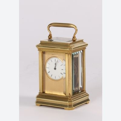 A lovely French miniature brass carriage timepiece, circa 1880