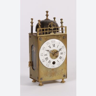 An attractive French miniature brass table lantern alarm timepiece, circa 1780
