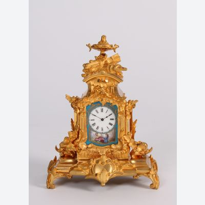 A miniature French Napoleon III Sèvres mounted gilt bronze mantel timepiece, circa 1870