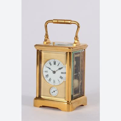 A French gilt brass quarter repeating alarm carriage timepiece circa 1880