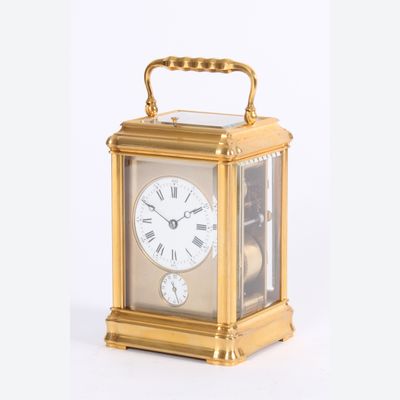 A good French gilt brass quarter repeating travel clock with gorge case, by Margaine, circa 1870
