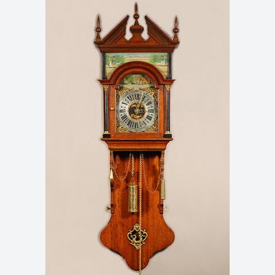 A rare small Dutch Frisian maddered oak Burgomaster wall clock, dated 1836