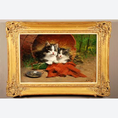 'Een poes en een kitten' (olie op doek) door Léon-Charles Huber (1858-1928), omstreeks 1880