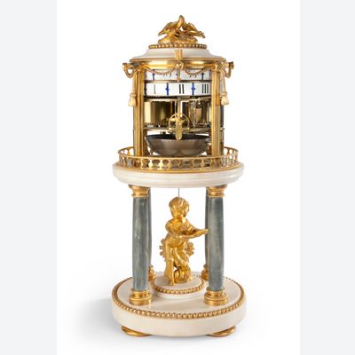 Een mooie Franse Lodewijk XVI marmeren 'cercles tournants' pendule met verguld bronzen monturen, door Barancourt, omstreeks 1780