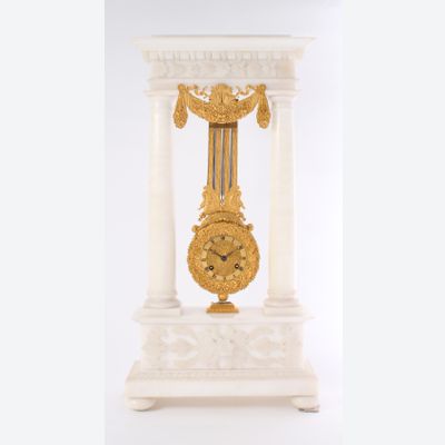 An attractive French alabaster and ormolu portico mantel clock with oscillating movement, circa 1830