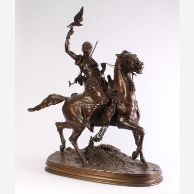 De Arabische Valkenier, een fraai bronzen beeld van Pierre Jules Mene 1810 - 1879