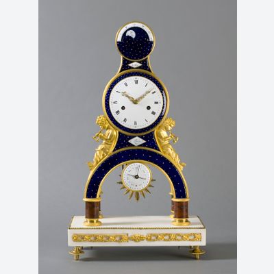 A French Directoire ormolu skeleton clock fine enamel and calendar, Gaston Joly, circa 1795.