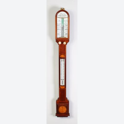 Een goede Engelse mahoniehouten barometer met marqueterie-inleg, J. Hicks Londen