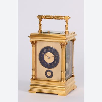 A French gilt brass carriage clock with rare blue enamel dials in Anglaise case, circa 1890
