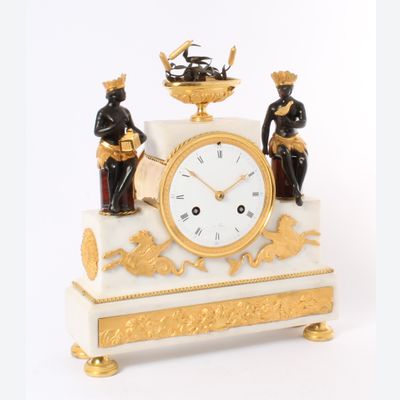 A rare French ‘Directoire’ marble and ormolu mounted ‘au bon Sauvage’ mantel clock, circa 1800