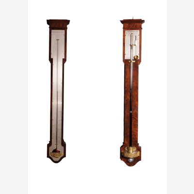 A French Charles X mahogany wall thermometer and barometer (a pair), by Lerebours, circa 1835