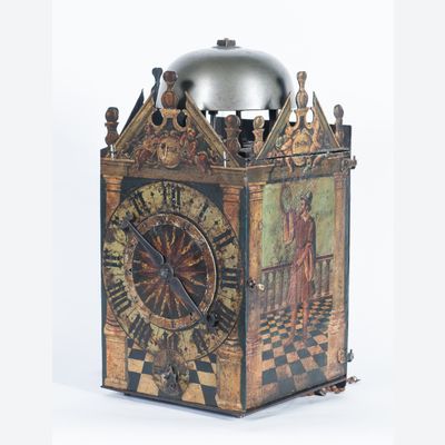 A very early German late 16th century painted chamber clock, circa 1580