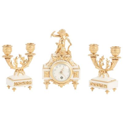 Nice Decorative Miniature Three-Piece White Marble and Ormolu Clock Set