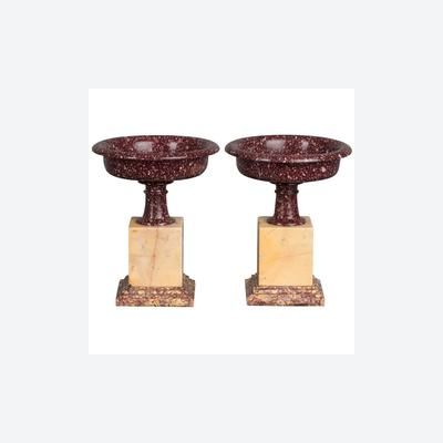 An exceptional pair of probably Egyptian porphyry marble mounted dishes, circa 1830