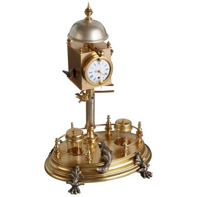Desk inkwell with clock and ringing bell, circa 1860