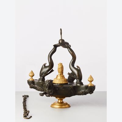 An unusual French Charles X bronze hangIng or table oil-lamp, circa 1830
