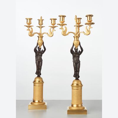 A pair of French gilt candlesticks with patinated bronze angels, circa 1820