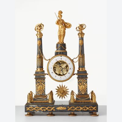 A French Louis XVI grey marble mantel clock by Cellier, circa 1770