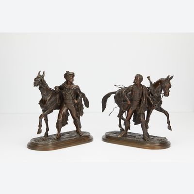Pair or bronzes of horses with rider 