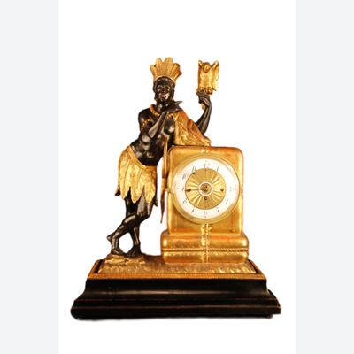 Abs-06 Wooden viennese 'au bon sauvage' clock with moving eyes automaton and music box.