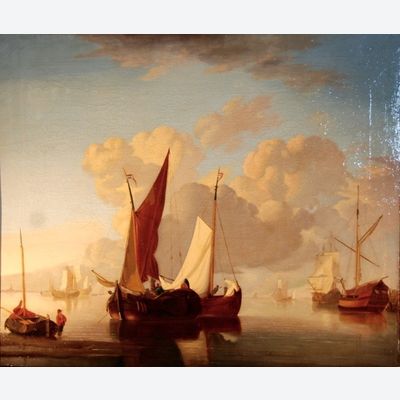 P37 Schilderij op doek, 'Schepen voor de kust, Hollandse school