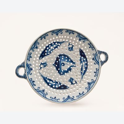 A Dutch Delft Blue and White two-handled Fish Strainer