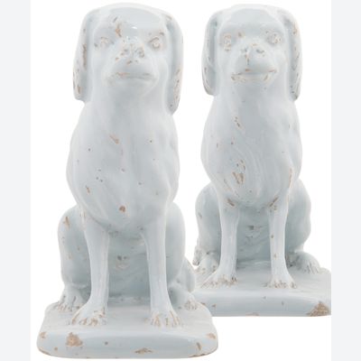 Un Couple de Chiens Assis en Faïence de Delft Blanc