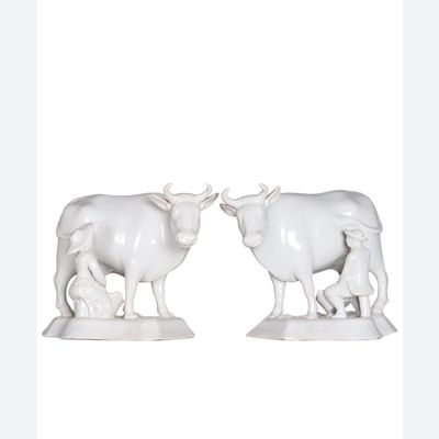 A Pair White Dutch Delft Cows with Milkers