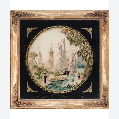 Ein mit Eglomise-Rahmen versehenes Nadelarbeitspanel mit orientalischer Landschaft und französischem Schiff