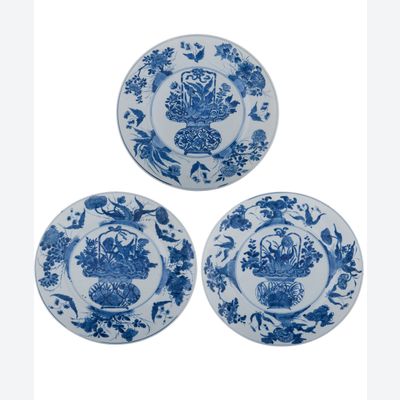 Three Blue and White Kangxi  Dishes, with Flowerbasket