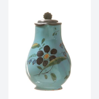 A German Turquoise Faïence Jug with Pewter Lid