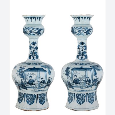 A Pair Blue and White Dutch Delft 'Knobbelvases'
